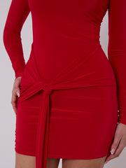 Long Sleeve Knot Front Slinky Dress