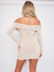 Slinky Bardot Dress With Knot Drape Detail