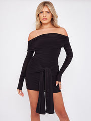 Slinky Bardot Dress With Knot Drape Detail