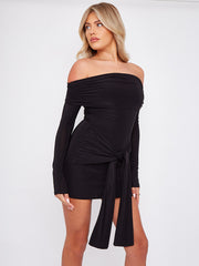 Slinky Bardot Dress With Knot Drape Detail