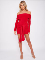 Slinky Bardot Dress With Knot Drape Detail