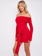Slinky Bardot Dress With Knot Drape Detail