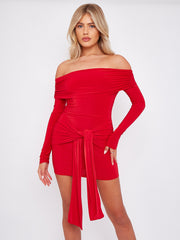 Slinky Bardot Dress With Knot Drape Detail