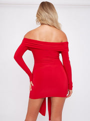 Slinky Bardot Dress With Knot Drape Detail