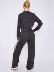 Melange Knit Zip Up Crop Top & Trouser Co-ord With Stripe Detail