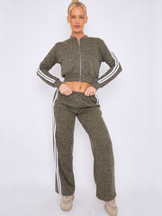 Melange Knit Zip Up Crop Top & Trouser Co-ord With Stripe Detail
