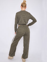 Melange Knit Zip Up Crop Top & Trouser Co-ord With Stripe Detail