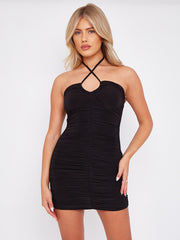 Cross Halter Slinky Ruched Kleid