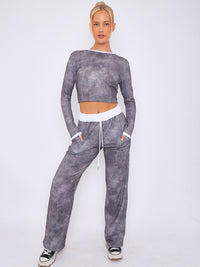 Tie kleurstof geribbelde crop-top & broekcoöperatie - Grey