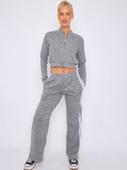 Melange Knit Zip Up Crop Top & Trouser Co-ord With Stripe Detail