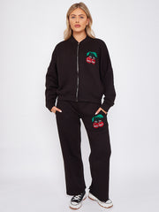 Mon Cheri Embroidered Oversized Bomber Style Fleece Zipper Co-ord