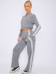 Melange Knit Zip Up Crop Top & Trouser Co-ord With Stripe Detail