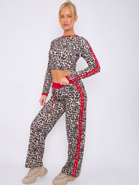 Leopard Print Ribbed Crop Top & Trouser Co-ord With Stripe Detail - Red