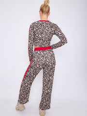 Leopard Print Ribbed Crop Top & Trouser Co-ord With Stripe Detail