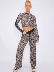 Leopard Print Ribbed Crop Top & Trouser Co-ord With Stripe Detail