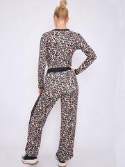 Leopard Print Ribbed Crop Top & Trouser Co-ord With Stripe Detail