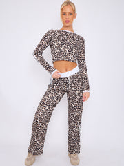 Leopard Print Ribbed Crop Top & Trouser Co-ord With Stripe Detail