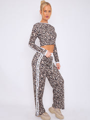 Leopard Print Ribbed Crop Top & Trouser Co-ord With Stripe Detail