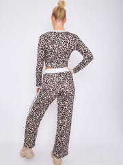 Leopard Print Ribbed Crop Top & Trouser Co-ord With Stripe Detail