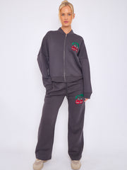 Mon Cheri Embroidered Oversized Bomber Style Fleece Zipper Co-ord