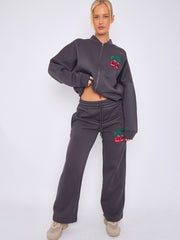 Mon Cheri Embroidered Oversized Bomber Style Fleece Zipper Co-ord