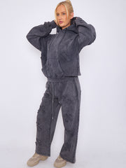 Acid Wash Oversized Crucifix Embroidered Hooded Fleece Co-ord