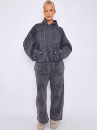 Acid Wash Oversized Crucifix Embroidered Hooded Fleece Co-ord - Charcoal