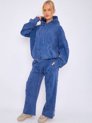 Acid Wash Oversized Crucifix Embroidered Hooded Fleece Co-ord