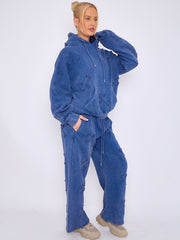 Acid Wash Oversized Crucifix Embroidered Hooded Fleece Co-ord