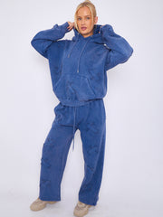 Acid Wash Oversized Crucifix Embroidered Hooded Fleece Co-ord