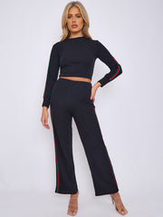Seitenstreifen detailliert rippte Crop Top & Hosen Co-ordte