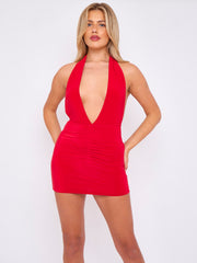 Open Back Halter Slinky Ruched Dress