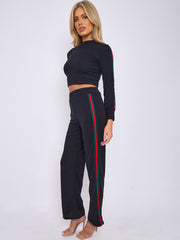 Seitenstreifen detailliert rippte Crop Top & Hosen Co-ordte