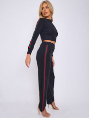 Seitenstreifen detailliert rippte Crop Top & Hosen Co-ordte