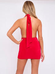 Open Back Halter Slinky Ruched Dress