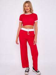 Contrast Trim Ribbed Crop Top & Wide Leg Trouser Co-ord