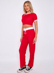 Contrast Trim Ribbed Crop Top & Wide Leg Trouser Co-ord