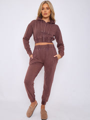 Acid Wash Zip Up Cropped Hoodie & Jogger Fleece Tracksuit