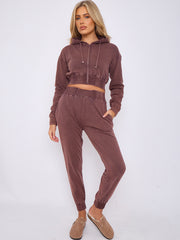 Acid Wash Zip Up Cropped Hoodie & Jogger Fleece Tracksuit