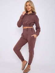 Acid Wash Zip Up Cropped Hoodie & Jogger Fleece Tracksuit