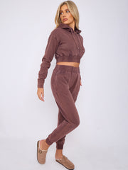 Acid Wash Zip Up Cropped Hoodie & Jogger Fleece Tracksuit