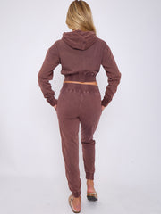 Acid Wash Zip Up Cropped Hoodie & Jogger Fleece Tracksuit