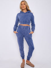 Acid Wash Zip Up Cropped Hoodie & Jogger Fleece Tracksuit