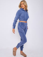 Acid Wash Zip Up Cropped Hoodie & Jogger Fleece Tracksuit
