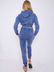 Acid Wash Zip Up Cropped Hoodie & Jogger Fleece Tracksuit