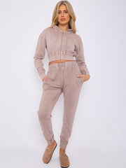Acid Wash Zip Up Cropped Hoodie & Jogger Fleece Tracksuit