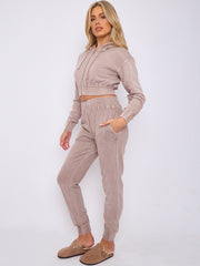 Acid Wash Zip Up Cropped Hoodie & Jogger Fleece Tracksuit