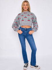 Cherry Detail Oversized Cropped Knitted Jumper