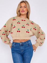 Cherry Detail Oversized Cropped Knitted Jumper - Stone