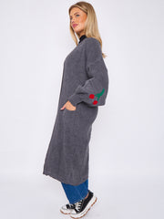 Cherry Detail Balloon Sleeves Knitted Open Cardigan